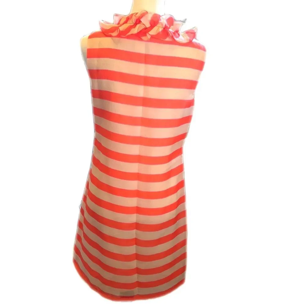 Jade Coral and Cream Striped Ruffle V-Neck Mini Dress